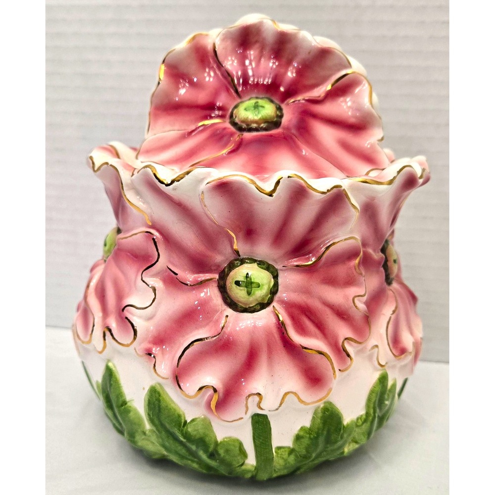 Vtg 3D Sculptural Pink Flower Ceramic Lidded Bowl Majolica Style Gilt Gold Trim